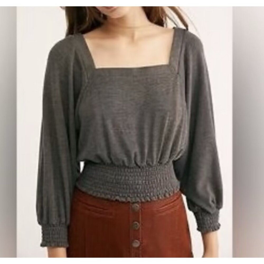 Free People Cropped Top Square Neck Smocked Long Sleeve Size XS Gray Boho Beach